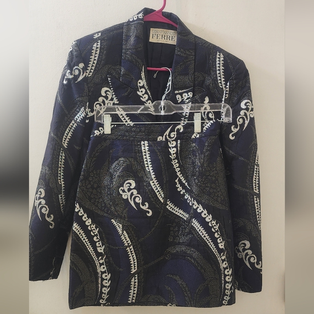 Gianfranco Ferre Women's Blue Patterned Jacket, Size 44, Made In Italy.
